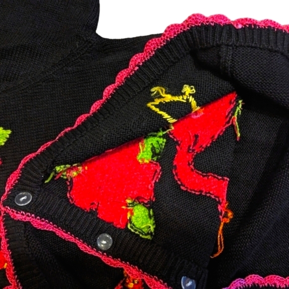 Vtg. Pink flamingos flowers beaded/sequined Black knit short sleeve cardigan XL - Picture 2 of 12